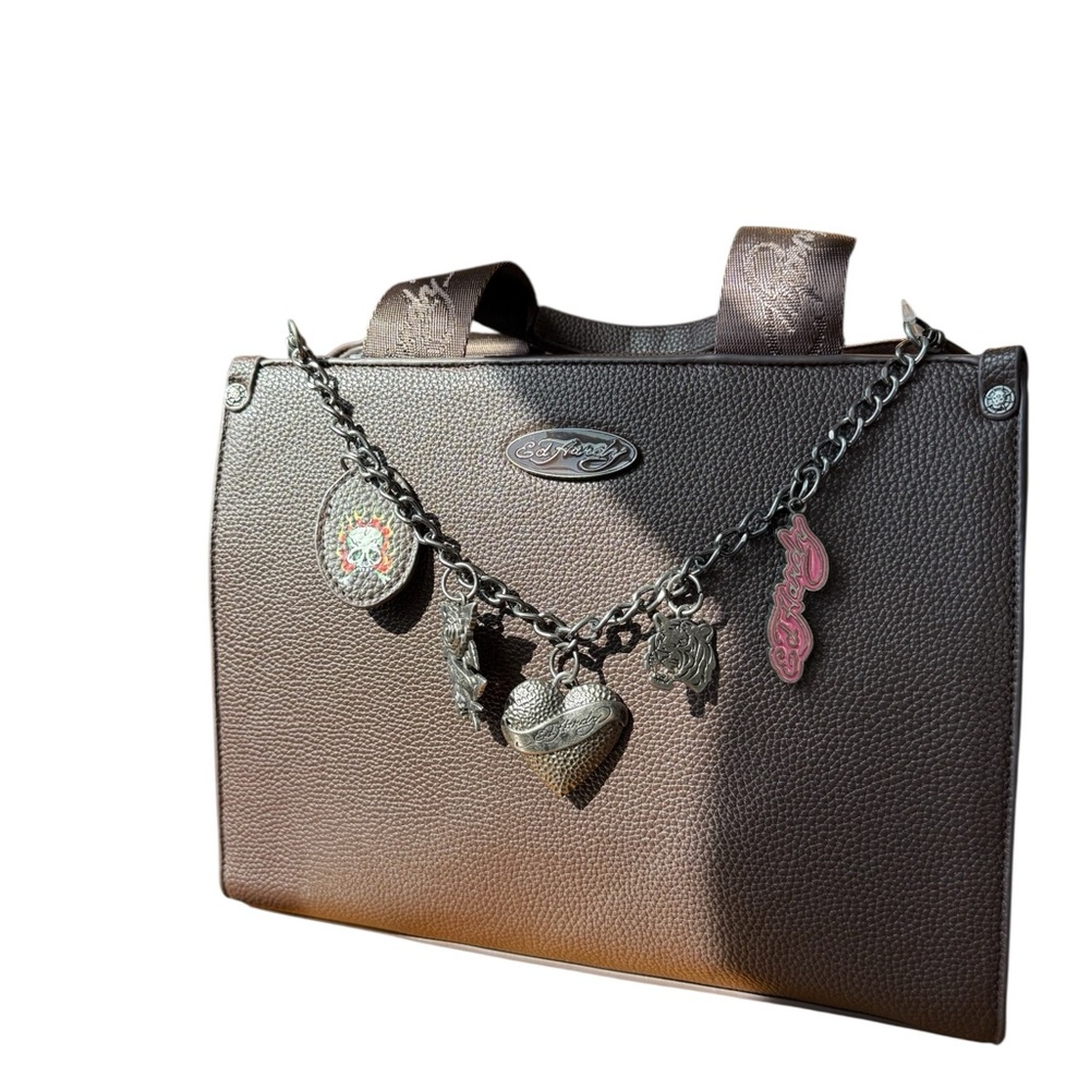Ed Hardy Brown Textured Satchel with Charm Chain
